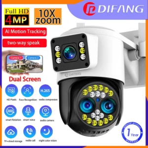 Camera giám sát không dây ngoài trời chống nước Difang 8MP 10X Zoom Ba ống kính IP66 có khả năng phát hiện và báo động AI, Âm thanh hai chiều, Tầm nhìn ban đêm màu sắc, WiFi PT